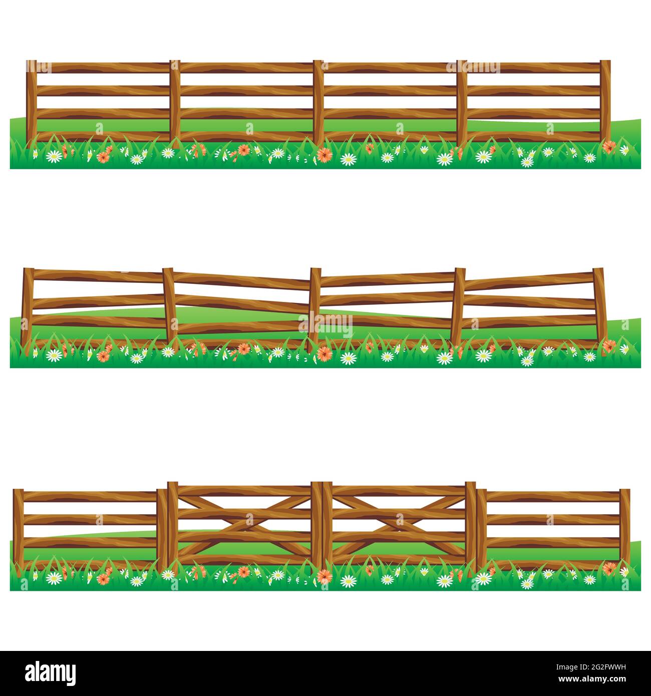 Set di recinzioni in legno di fattoria isolato su sfondo bianco con erba e fiori.si adatta come elementi di scena per cartone animato o gioco asset. Illustrazione vettoriale. Illustrazione Vettoriale