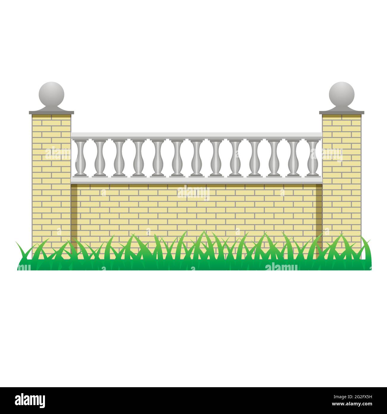 Recinzione in mattoni decorata con balaustre. Elemento da utilizzare in maniero, casa o recinzione da giardino. Oggetto isolato su sfondo bianco. Illustrazione vettoriale Illustrazione Vettoriale