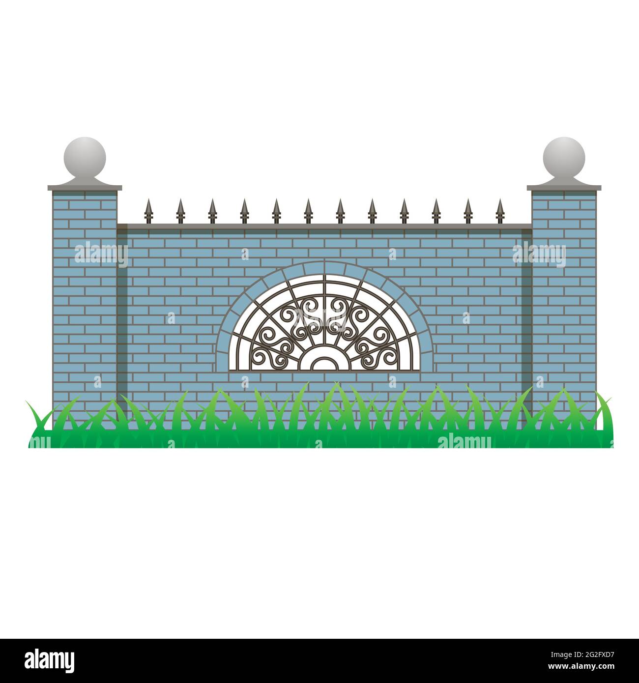 Recinzione in mattoni con pilastri e griglia decorativa. Elemento da utilizzare in maniero, casa o recinzione da giardino. Oggetto isolato su sfondo bianco. Vettore illustrati Illustrazione Vettoriale