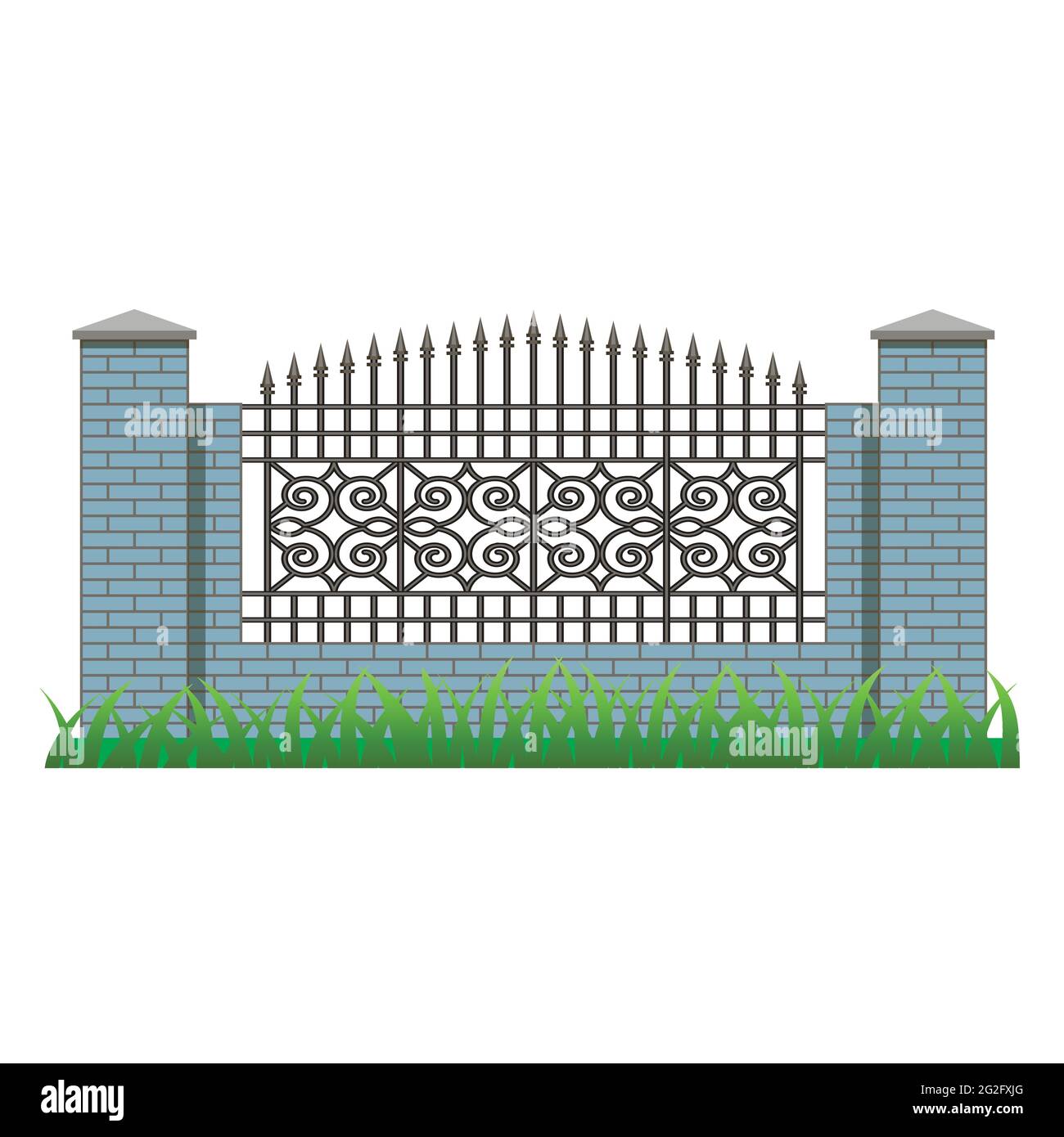 Recinzione in mattoni con pilastri e griglia decorativa. Elemento da utilizzare in maniero, casa o recinzione da giardino. Oggetto isolato su sfondo bianco. Vettore illustrati Illustrazione Vettoriale
