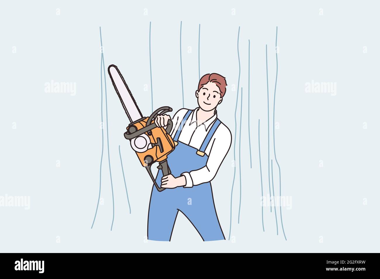 Illegal logging, concetto di segheria. Lumberjack uomo cartoon personaggio in piedi in legno di foresta con motosega ascia o Lumberjack che trasporta motosega illustrazione vettoriale Illustrazione Vettoriale