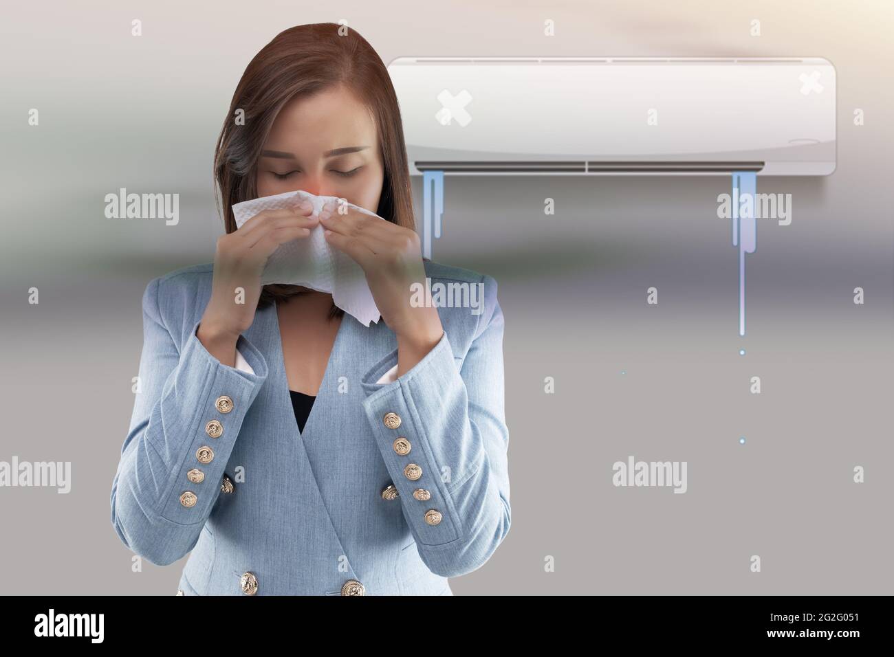 La donna asiatica sta chiudendo il suo naso perché puzza dal condizionatore  d'aria Foto stock - Alamy