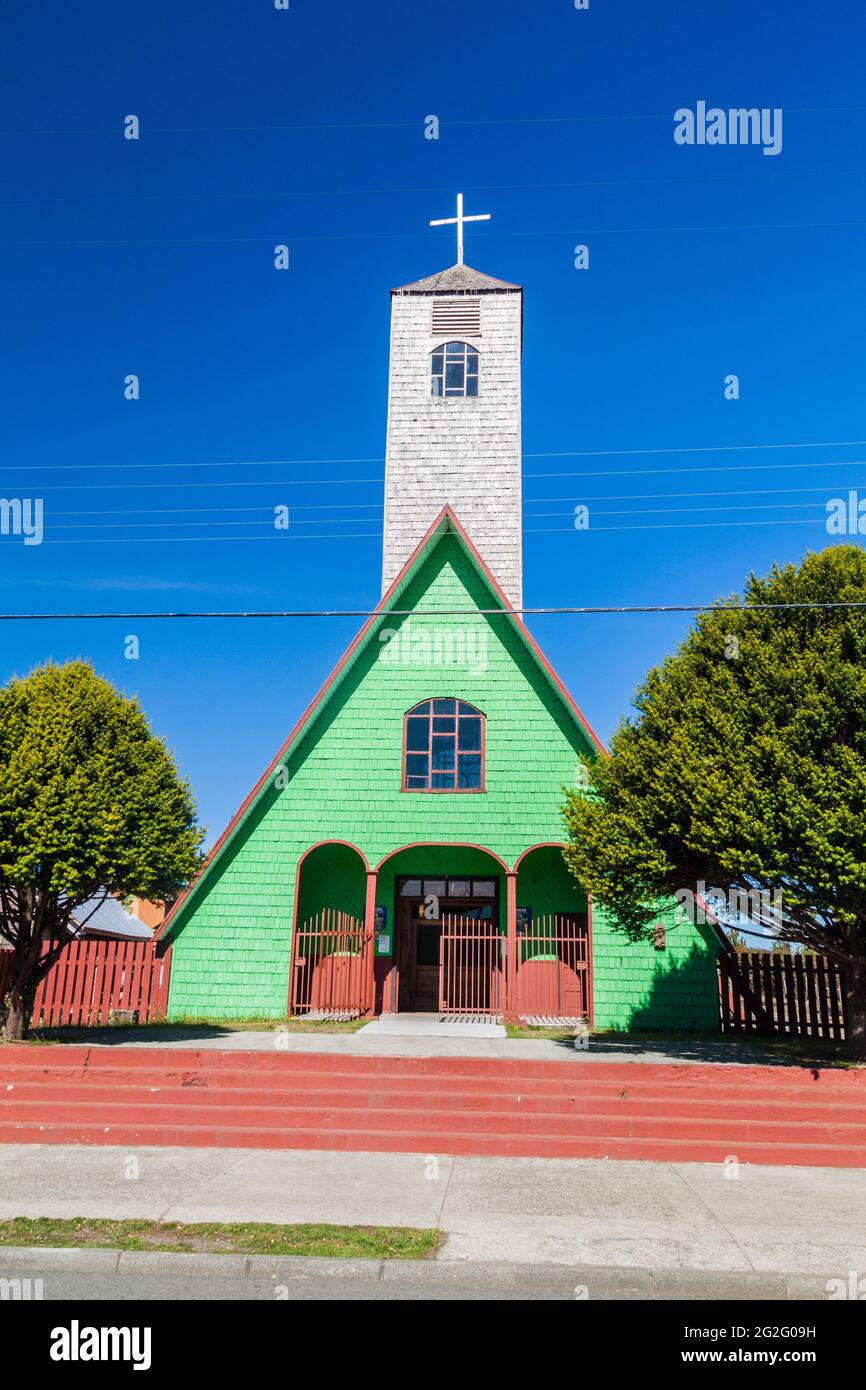 Chiesa di legno elencata nell'UNESCO, Curaco de Velez villaggio, Isla Quinchao isola, Cile Foto Stock