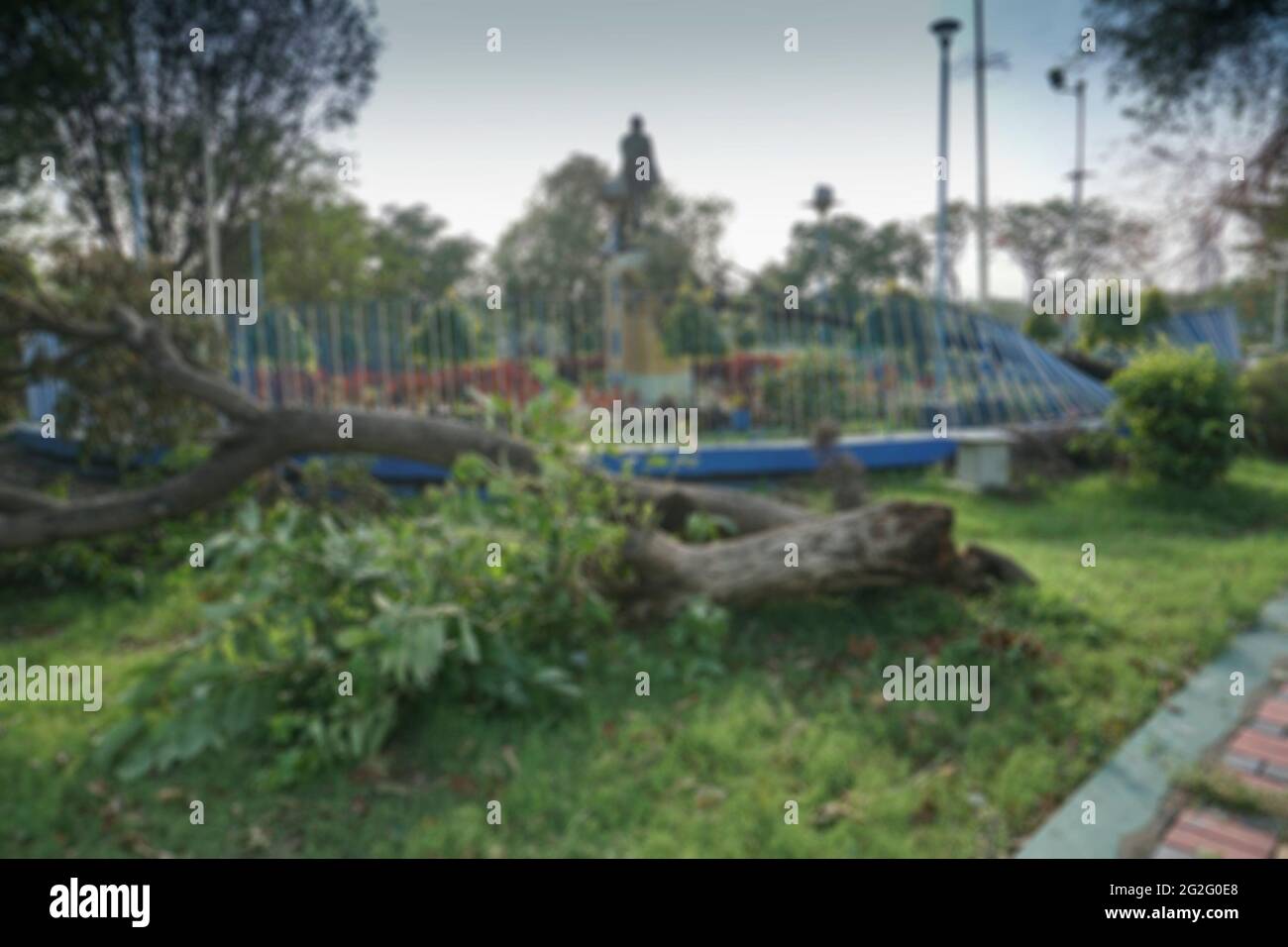 Immagine offuscata di Kolkata, Bengala Occidentale, India. Super ciclone Amphan ha sradicato l'albero che è caduto a terra. La famosa statua di Mahatma Gandhi nel bac Foto Stock