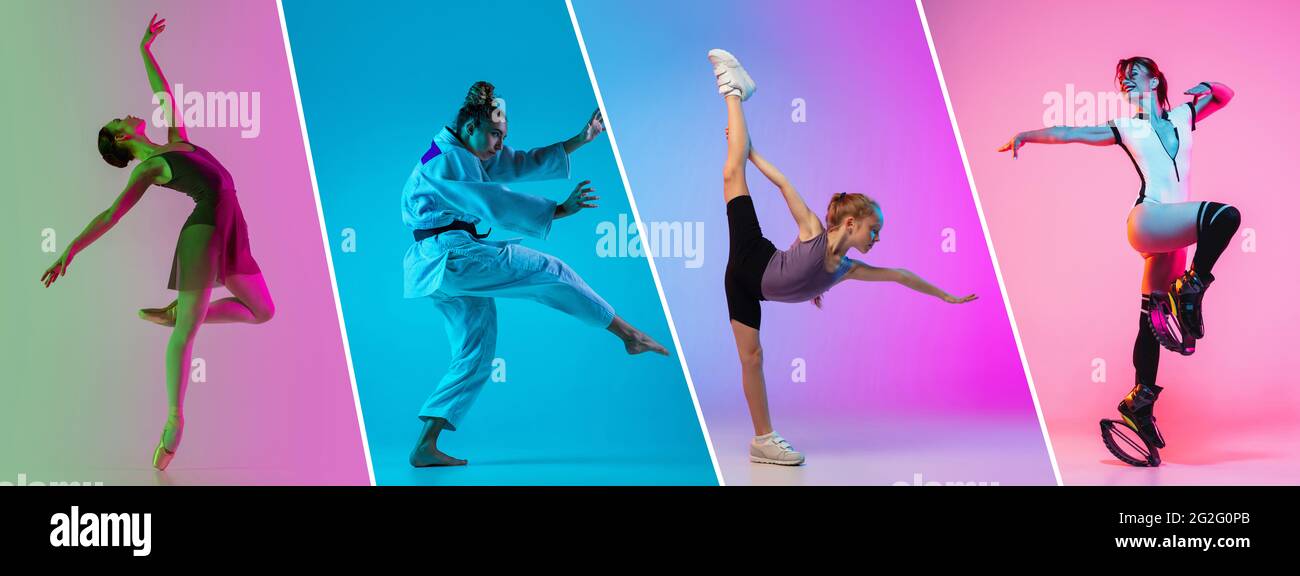 Collage di diversi sportivi professionisti, misura persone in azione e movimento isolato su sfondo a colori. Volantino. Foto Stock