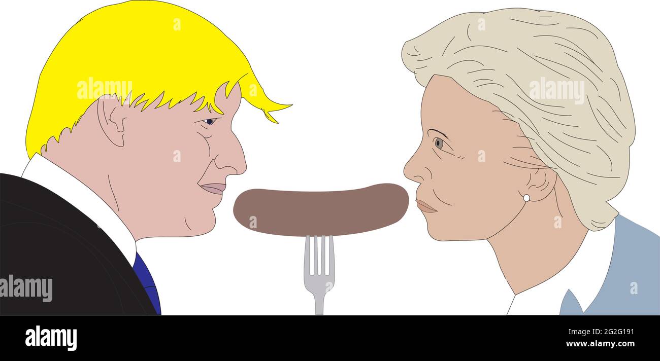 Illustrazione vettoriale di Boris Johnson e Ursula von der Leyen profilo laterale faccia fuori a salsiccia Guerra giugno 2021, sfondo trasparente Illustrazione Vettoriale