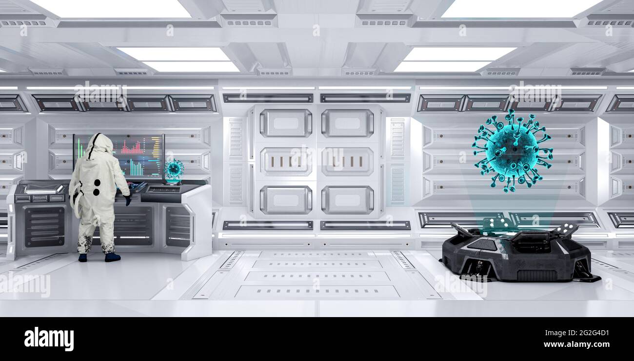 Ufficiale scienziato da laboratorio che indossa la tuta Hazmat che lavora in una sala di ricerca fantascientifico da laboratorio futuristico con proiettore ologramma. Foto Stock