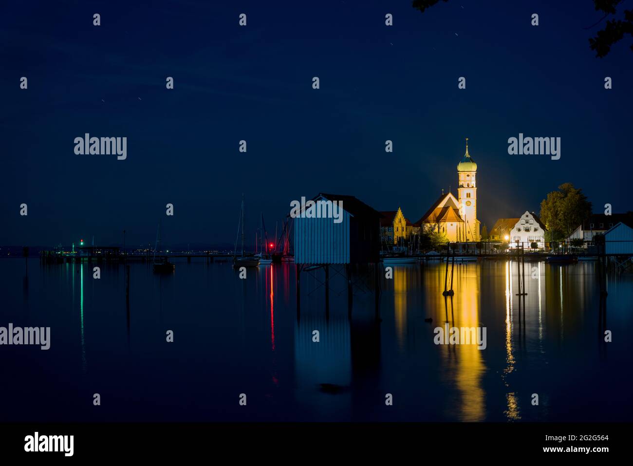 Wasserburg sul Lago di Costanza, Baviera, Svevia, notte al lago Foto Stock