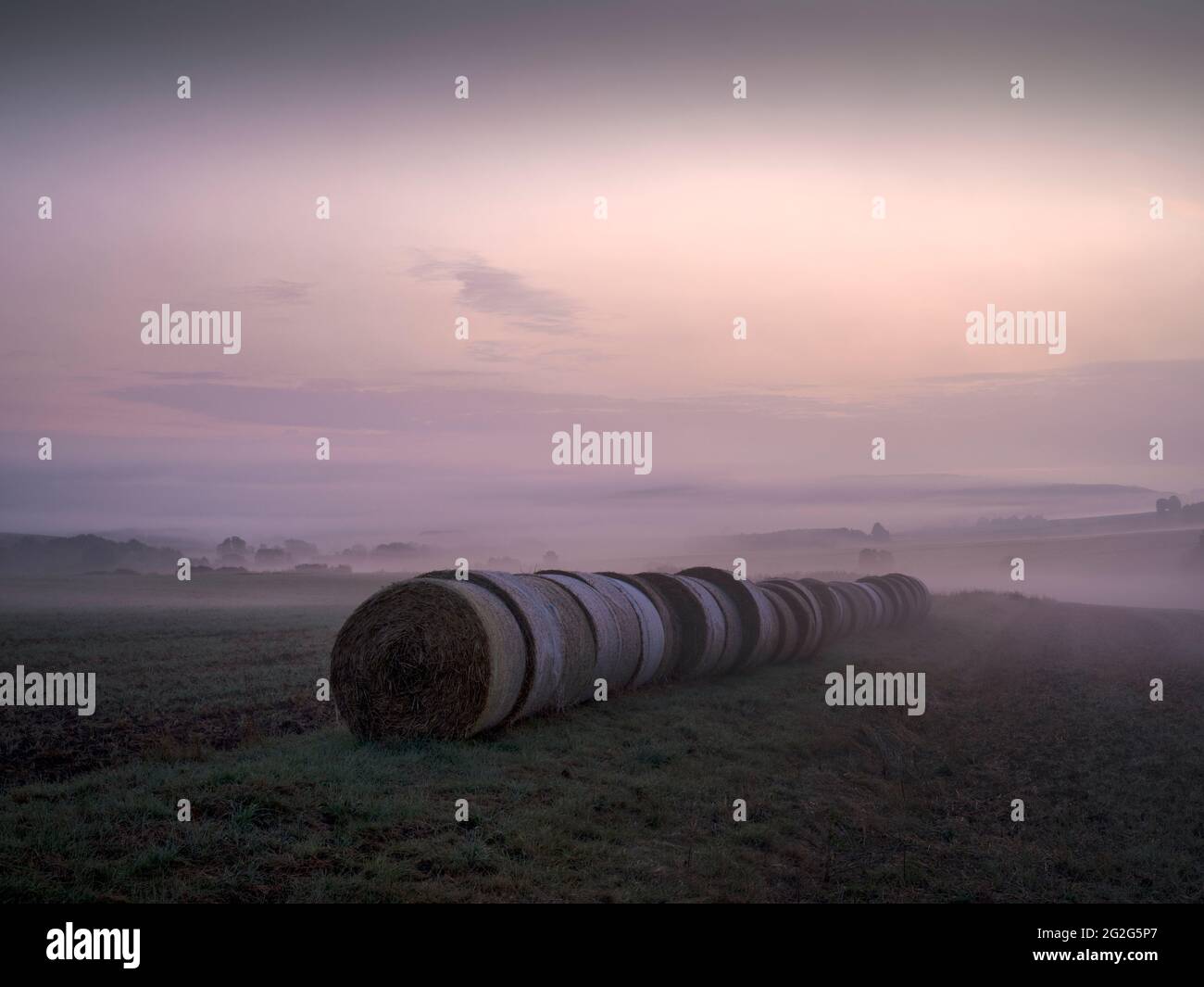 Europa, Germania, Assia, entroterra, Parco Naturale di Lahn-Dill-Bergland, Gladenbach, balle di paglia / balle rotonde in fila davanti al cielo del mattino nella nebbia Foto Stock