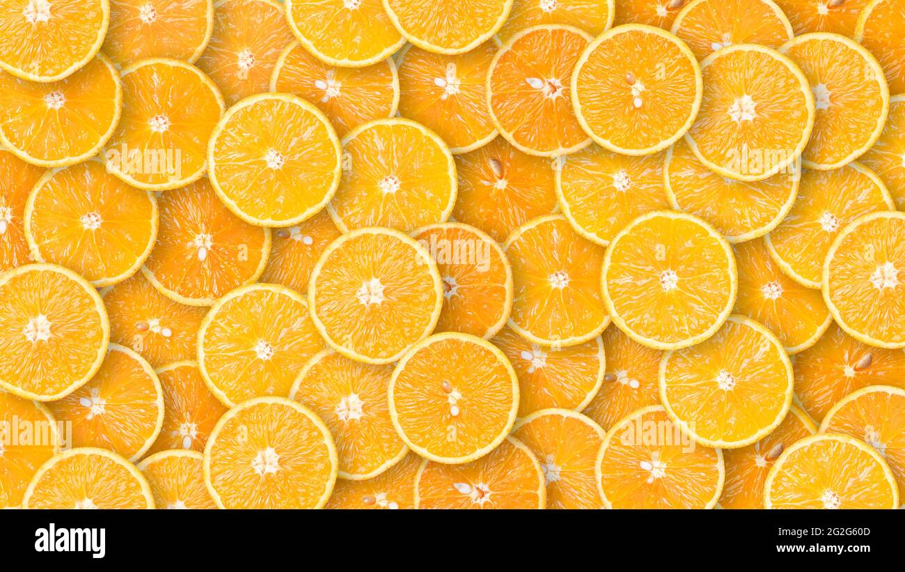 Arancia biologica fette di frutta naturale succosa sfondo. Foto Stock