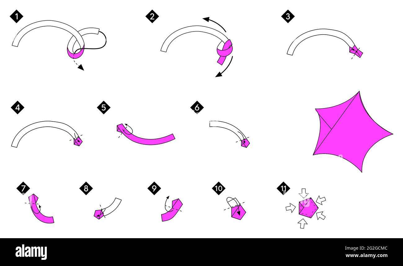 Istruzioni passo passo per passo su come fare origami stella. Fai da te con strisce di carta. Illustrazione vettoriale. Illustrazione Vettoriale