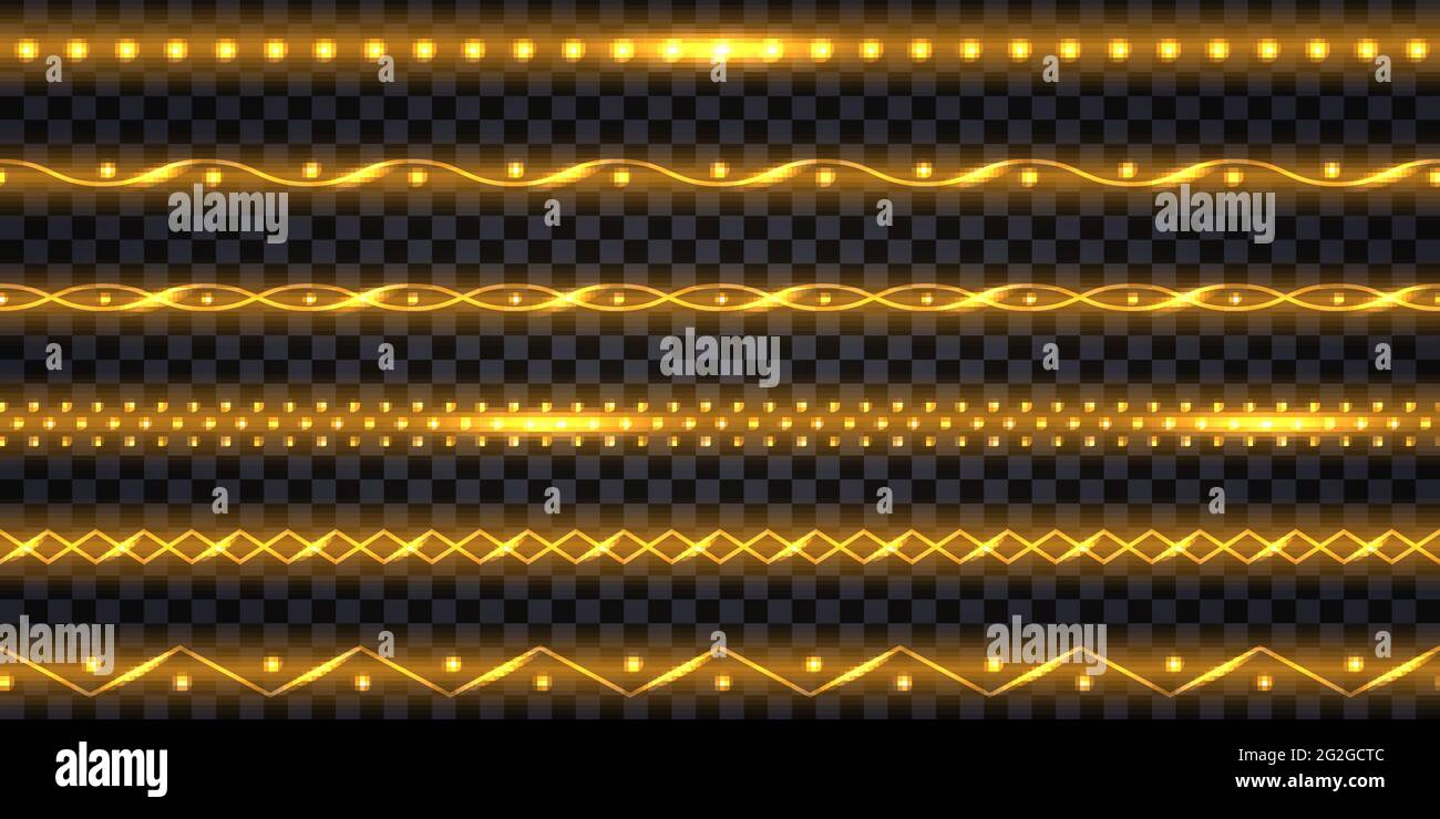 Strisce e ghirlande a LED dorate con effetto luminoso al neon e luce brillante. Nastri luminosi in oro lucido, isolati su sfondo trasparente. VECTO Illustrazione Vettoriale