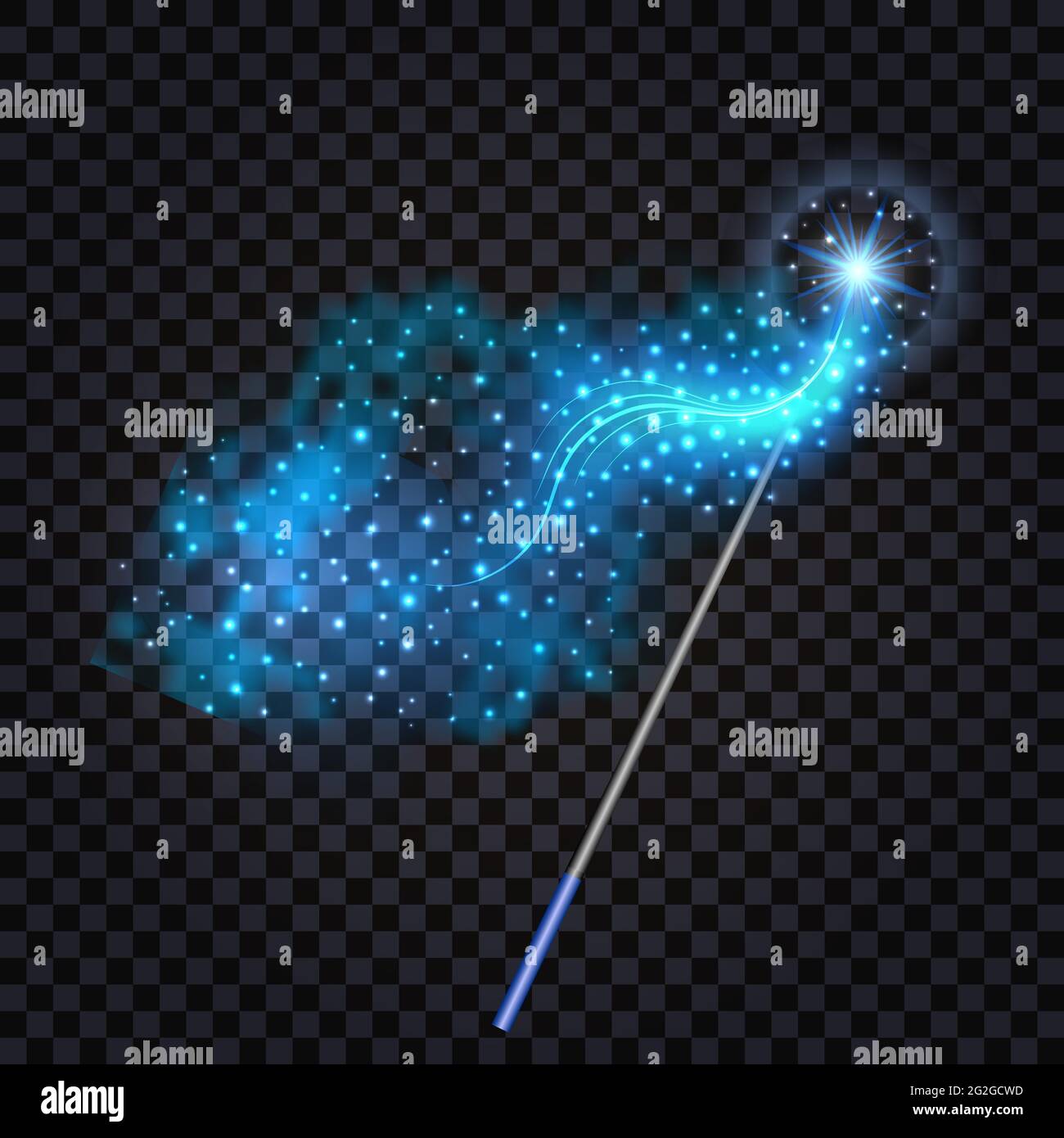 Wandwith fantasy effetto luce. Luce blu magica brillante e scintilla, sentiero polvere stella. Oggetto isolato su sfondo trasparente, illustratore vettoriale Illustrazione Vettoriale