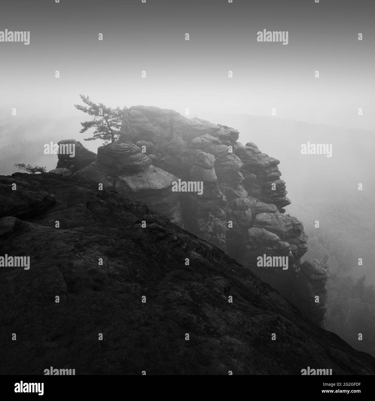 Impressionante pietra arenaria sul Pfaffenstein nelle montagne di pietra arenaria dell'Elba. Foto Stock