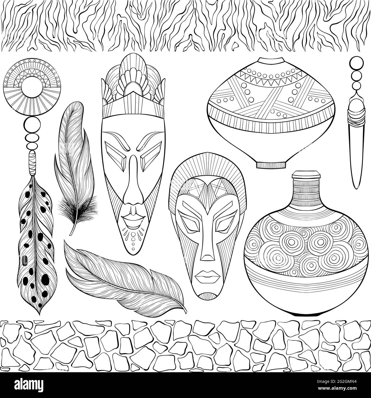 Insieme di diversi oggetti etnici africani Illustrazione Vettoriale