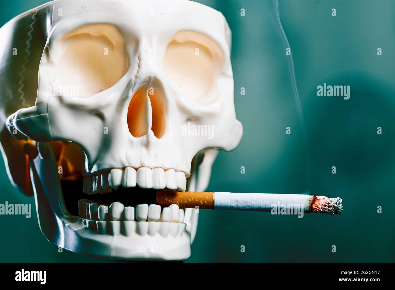 Il cranio fuma una sigaretta, spazio di copia. Fumo uccide Foto Stock