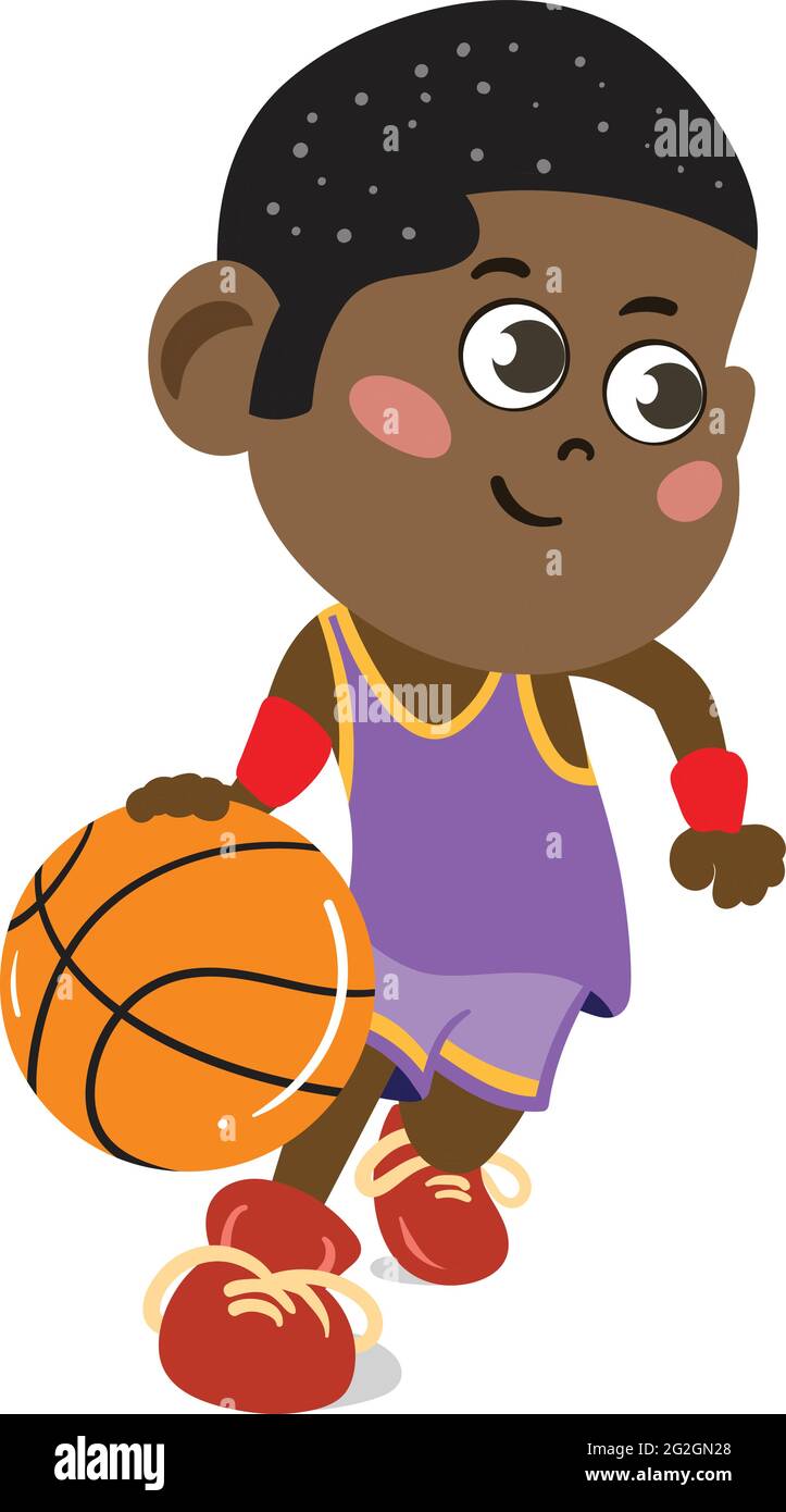 Un personaggio carino e adorabile in stile Cartoon. Asilo nido prescolare vestito da professionista Basketball Player. Piccolo Dribbling Kid nero Illustrazione Vettoriale