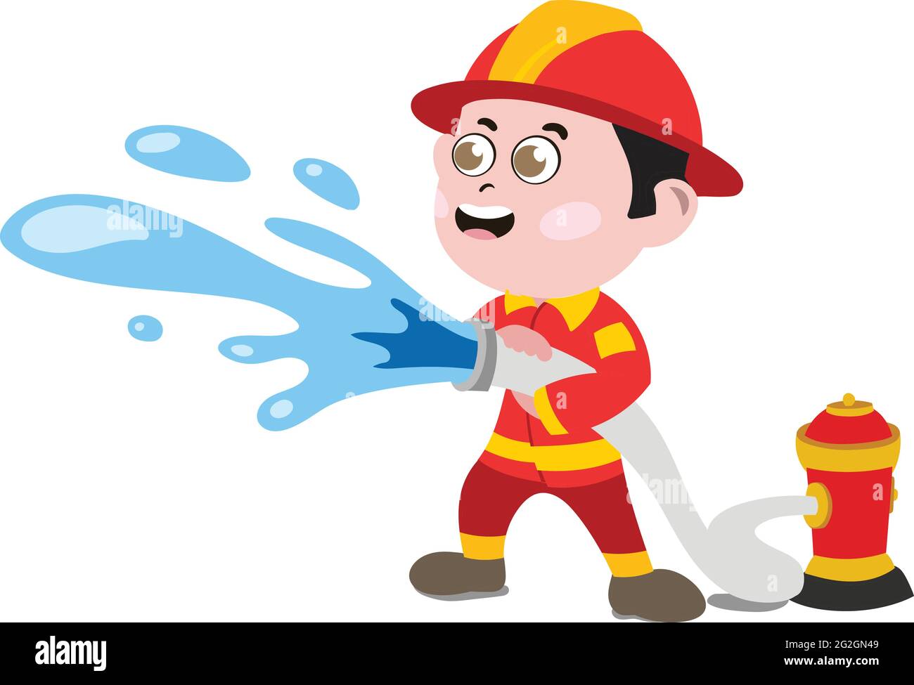 Un personaggio carino e adorabile in stile Cartoon. Asilo nido prescolare vestito come professionista pompiere. Piccolo Kid con lancio di tubo di fuoco Illustrazione Vettoriale