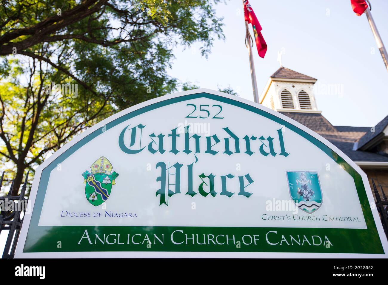 Cartello che mostra la Cattedrale Place Anglican Church. La Cattedrale della Chiesa di Cristo è un edificio storico nel centro di Hamilton, Ontario. Foto Stock