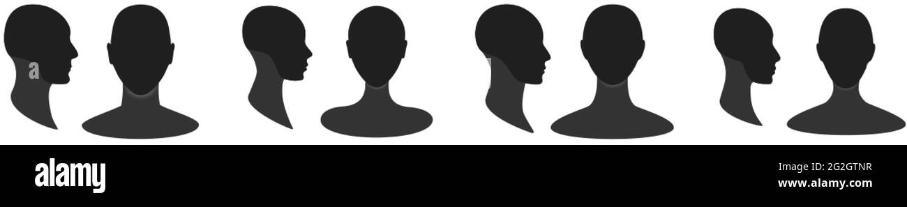 Uomo, donna e sesso profilo neutro avatar silhouette. Vista frontale e laterale di una persona anonima Illustrazione Vettoriale