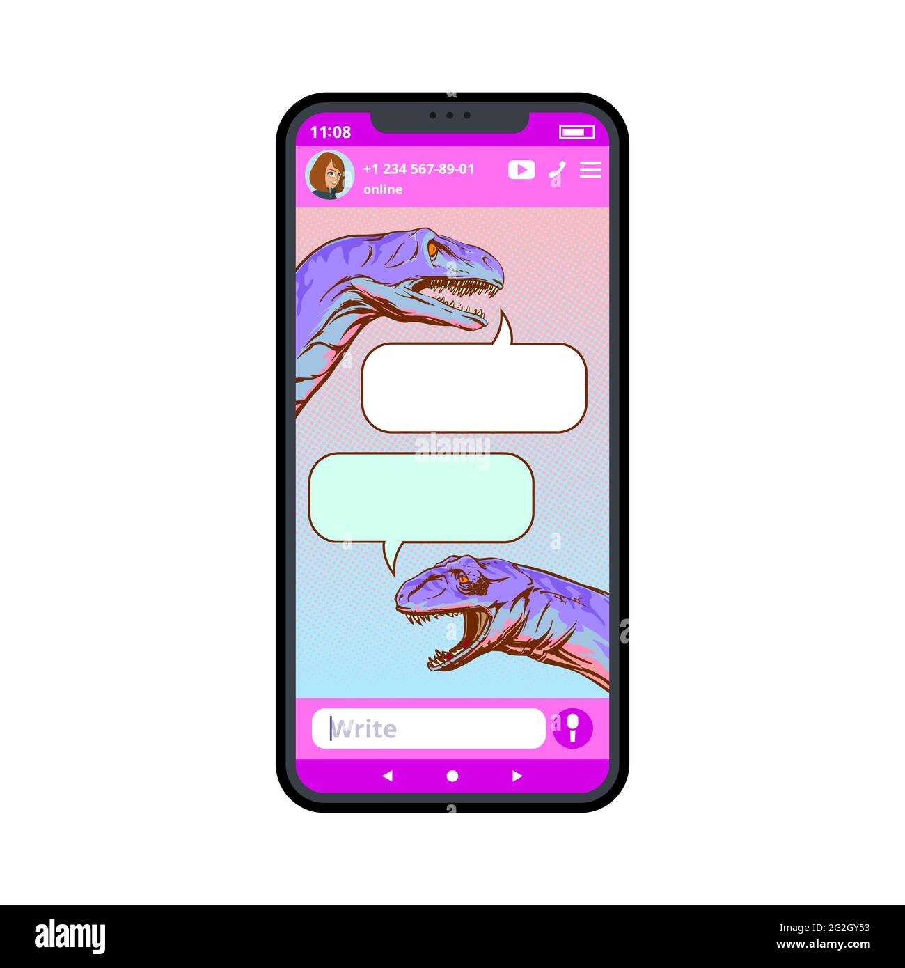 Modello Messenger con dinosauri disegnati in dialogo. Pop art style.illustrazione vettoriale. Illustrazione Vettoriale