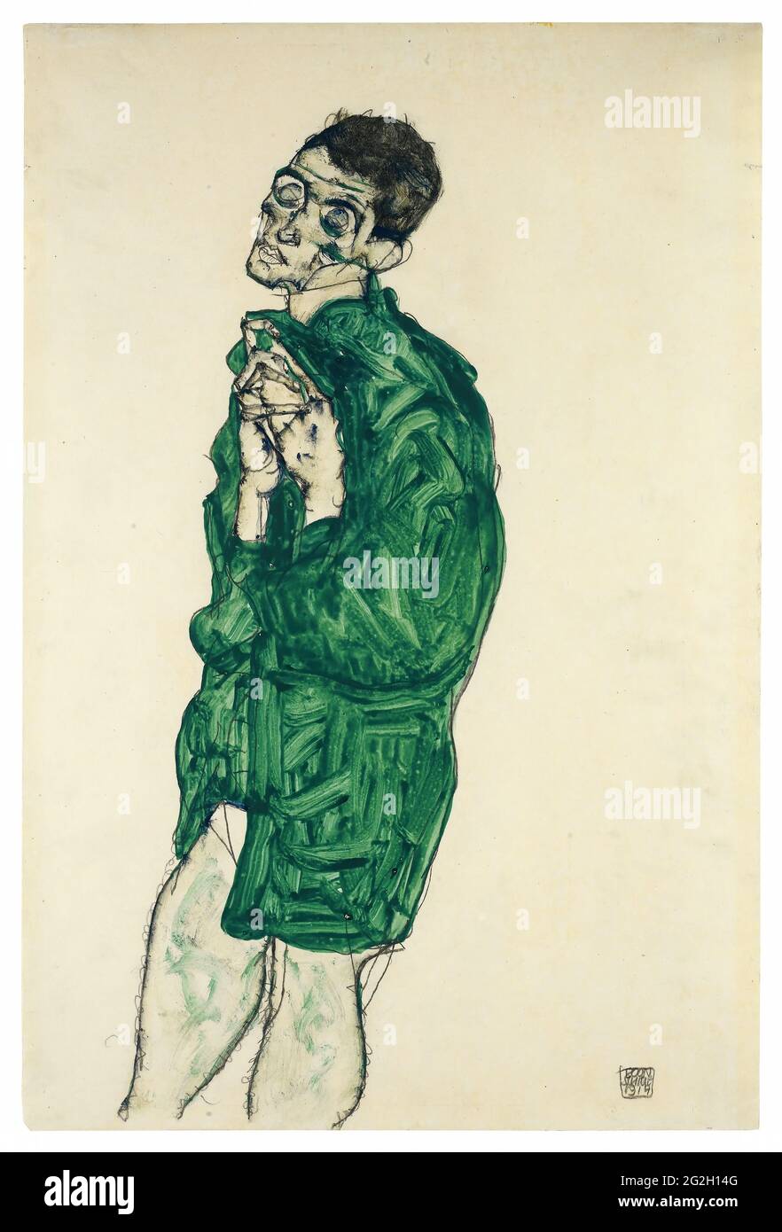 Egon Schiele - autoritratto in camicia verde con gli occhi chiusi Foto Stock