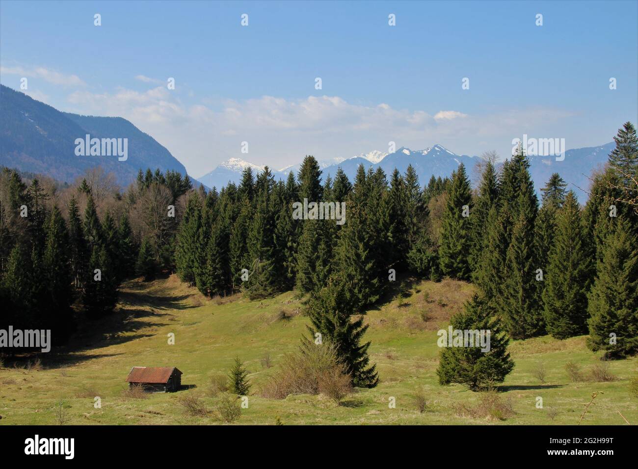 Paesaggio pre-alpino contro Estergebirge, Zugspitzgruppe (2962 m) e le Alpi Ammergau nei pressi di Ohlstadt, Das Blaue Land, alta Baviera, Baviera, Germania, Loisachtal Foto Stock