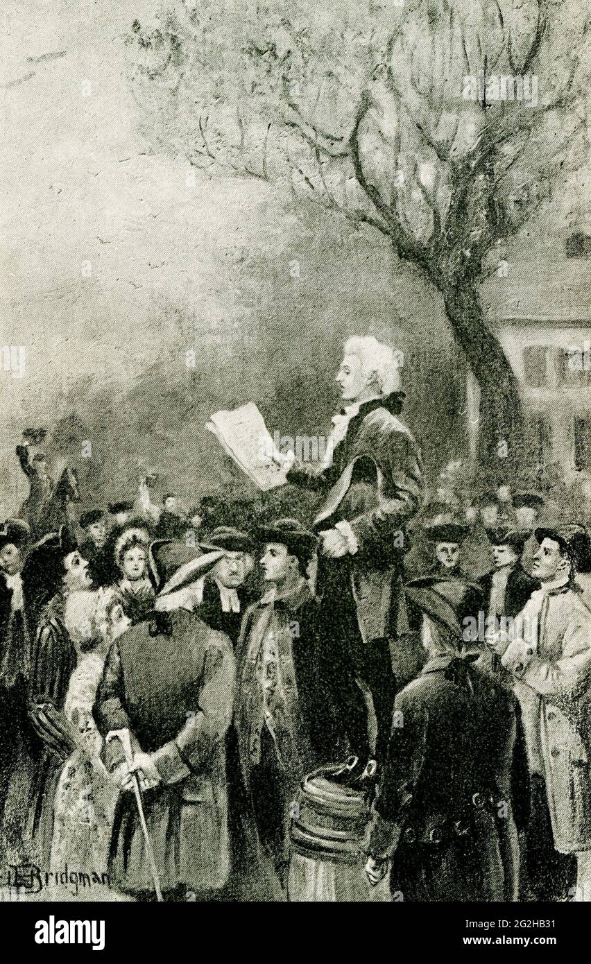 "Robert Benson Reading the Constitution 20 aprile 1777" - così legge la didascalia del 1888 per questa illustrazione, che mostra la prima Costituzione dello Stato di New York che viene letta alla moltitudine riunita dal Segretario alla legislatura Robert Benson, in piedi su un barile. Foto Stock