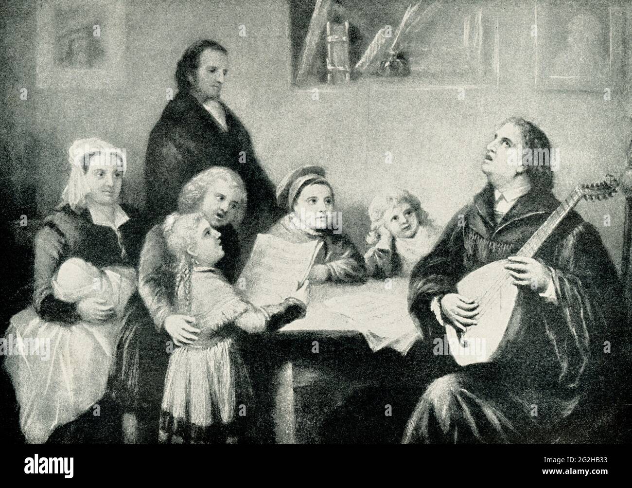 La sera di Lutero a casa. Martin Lutero è raffigurato qui a casa con la sua famiglia, cantando mentre suona il suo strumento. Martin Lutero (1483–1546) fu il leader tedesco della riforma protestante. Nel 1521 fu formalmente scomunicato dalla Chiesa Cattolica Romana e convocato prima della Dieta dei Worms. La Dieta era stata chiamata dall'imperatore Carlo V e, tra le altre cose, prese le dottrine diffuse da Lutero. Lutero arrivò sotto una condotta sicura il 16 aprile, rifiutò di cedere terreno in lunghe discussioni con i teologi. Katarina von Bora (1499-1552) era la moglie di Martin Lutero, ed essi h Foto Stock