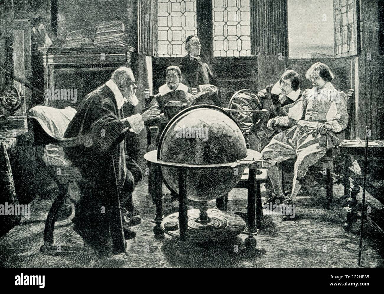 Milton visita Galileo - dipinto di Tito Lessi. Alla ricerca dell'ispirazione fiorentina, Milton, 77 anni, ha visitato Galileo, 30 anni, che era stato giudicato colpevole di eresia dall'Inquisizione del 1633, per aver scritto che la Terra ruota intorno al Sole. Quando Milton lo incontrò, Galileo era cieco e sequestrato agli arresti domiciliari. John Milton (9 1608 – 1674) fu un poeta inglese e servì come funzionario del Commonwealth d'Inghilterra sotto il suo Consiglio di Stato e successivamente sotto Oliver Cromwell. Ha scritto in un momento di instabilità religiosa e politica, ed è meglio conosciuto per il suo poema epico Paradise Lost Foto Stock