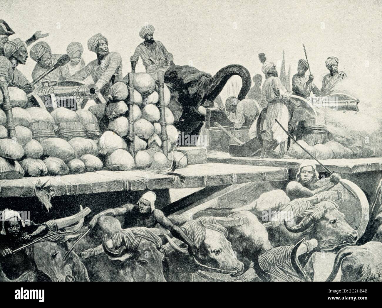 Battaglia di Plassey - l'artiglieria di Nawab sulla sua piattaforma mobile. Di R Caton Woodville. La battaglia di Plassey fu una vittoria decisiva della British East India Company su una forza molto più grande del Nawab del Bengala e dei suoi alleati francesi il 23 giugno 1757, sotto la guida di Robert Clive. La battaglia ha aiutato la Compagnia a prendere il controllo del Bengala. Richard Caton Woodville Jr.(1825-1855) è stato un artista e illustratore inglese, più conosciuto per essere uno dei pittori più prolifici ed efficaci delle scene di battaglia tra la fine del XIX e l'inizio del XX secolo. Foto Stock