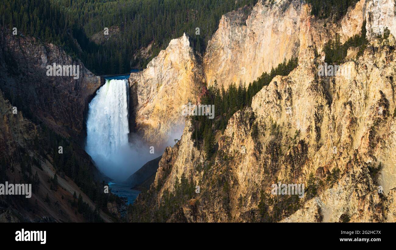 Le Lower Falls del fiume Yellowstone si schiantano nel canyon sotto le aspre scogliere, viste dal punto di osservazione della destinazione turistica di Artist Point Foto Stock