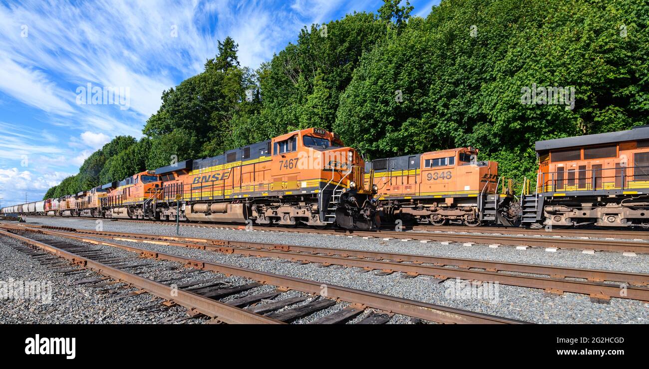 Everett, WA, USA - 06 giugno 2021; i treni merci BNSF passano lungo il lungomare di Everett. Foto Stock