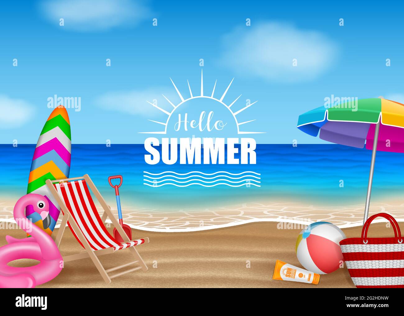 Ciao sfondo estate con elementi spiaggia su sfondo mare Immagine e  Vettoriale - Alamy