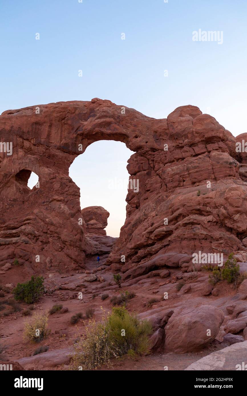 Arco della torretta - una pinna di arenaria con aperture grandi e piccole e una colonna di roccia più alta, simile a una torretta, a lato. Arches National Park, vicino a Moab nello Utah, Stati Uniti. Foto Stock