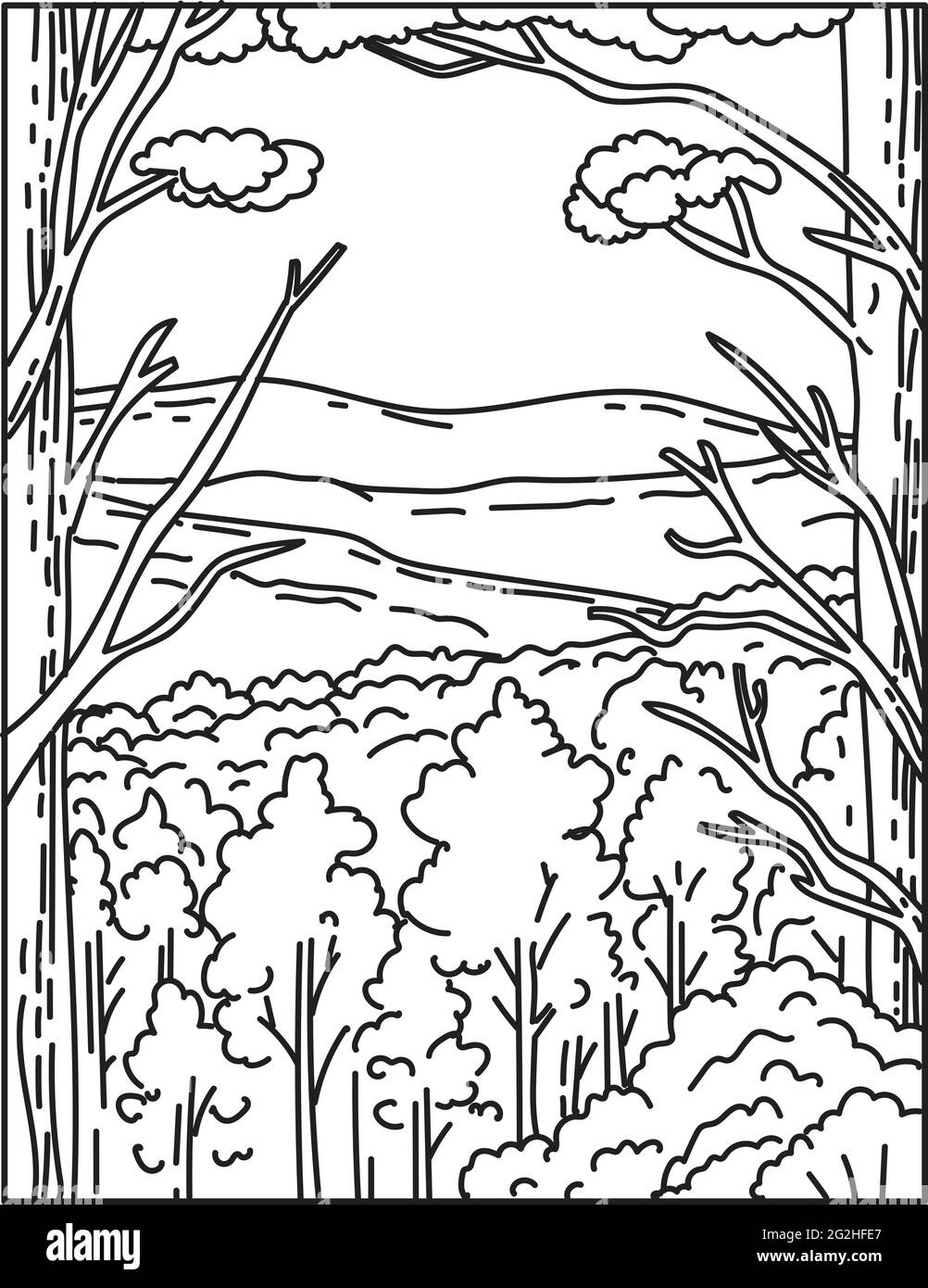 Illustrazione monolinea della catena montuosa di Ouachita o Ouachitas situata nel Parco Nazionale di Hot Springs, Arkansas, Stati Uniti d'America fatto in retrò Illustrazione Vettoriale
