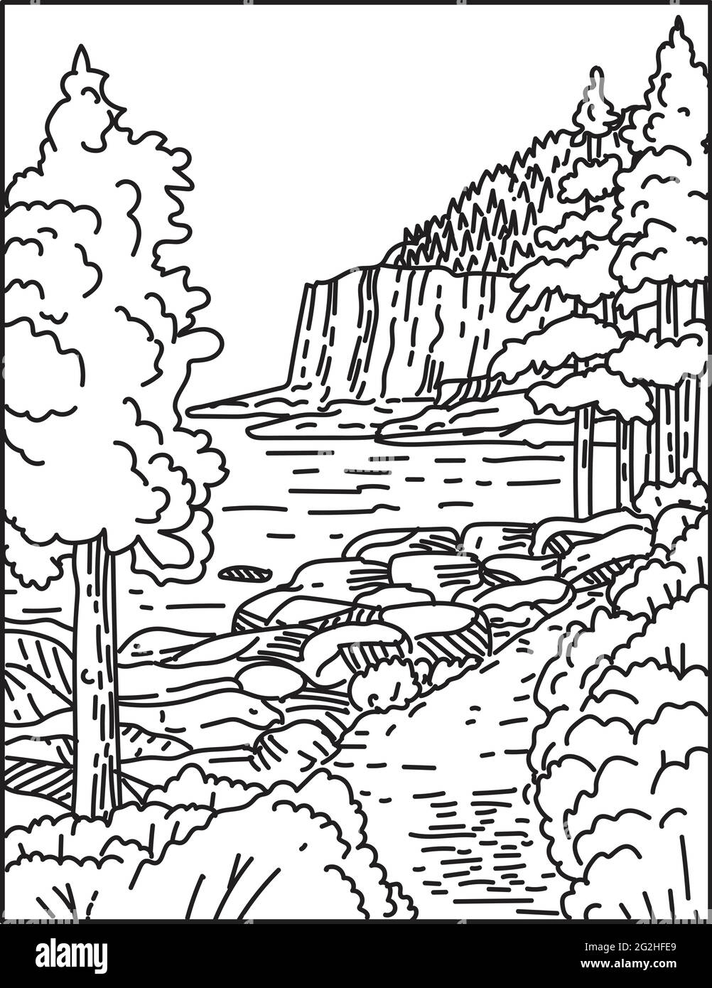 Illustrazione della linea monolinea di Otter Cliff lungo la costa atlantica del nord situata nel Maine del parco nazionale di Acadia, Stati Uniti d'America fatto in retro Illustrazione Vettoriale