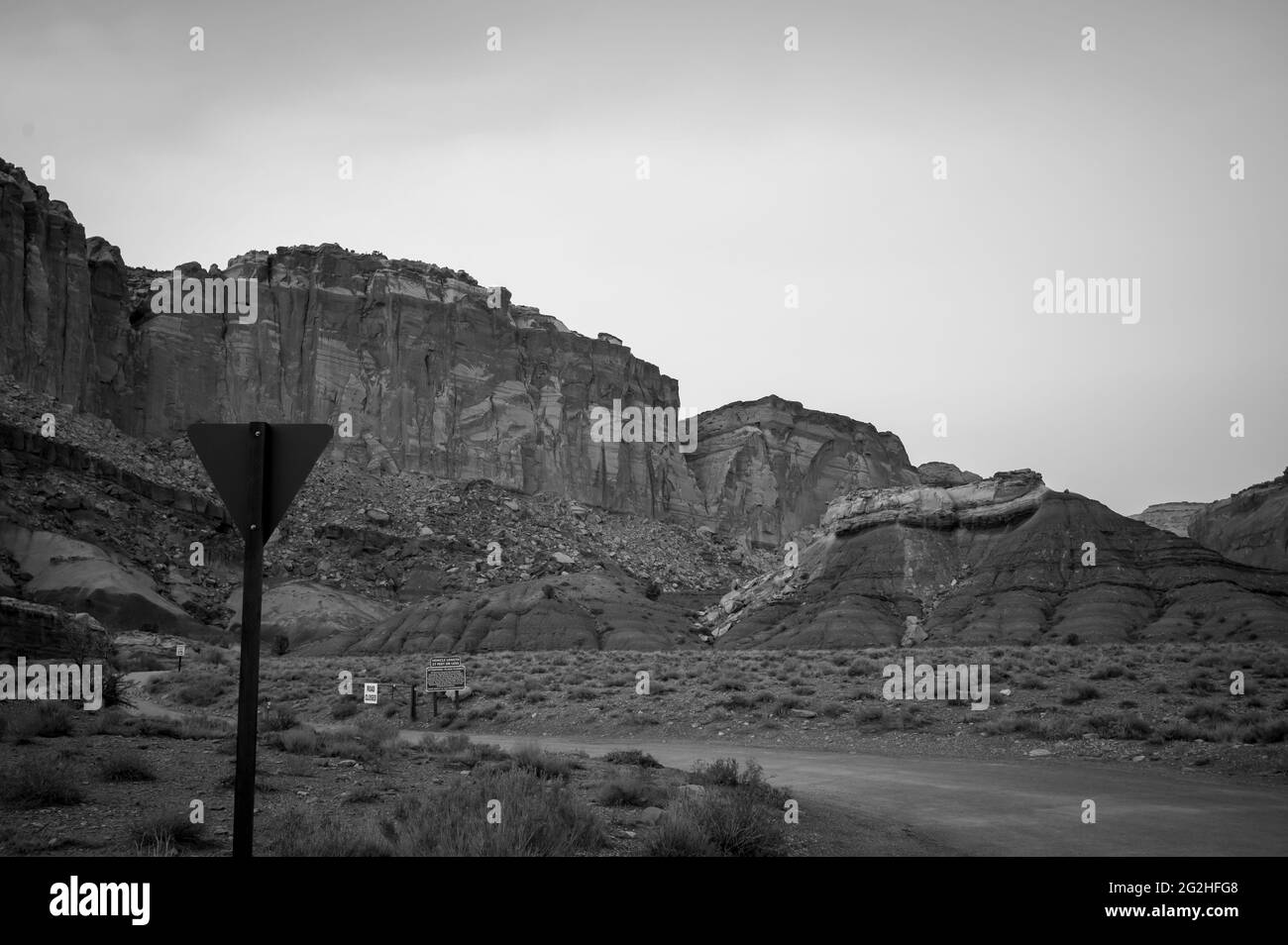 Sulla famosa Scenic Drive nel Capitol Reef National Park, Utah, USA. strada asfaltata di 7.9 km (12.7 miglia), adatta per veicoli passeggeri. Circa un'ora e mezza di andata e ritorno per guidare la Scenic Drive e le due strade sterrate dello sperone, Grand Wash e Capitol Gorge. Queste strade sterrate si inseriscono nei canyon e portano a sentieri, e sono solitamente adatti per autovetture e veicoli fino a 27 metri di lunghezza.accanto alla piramide di Pectols e al Trono d'Oro. Foto Stock