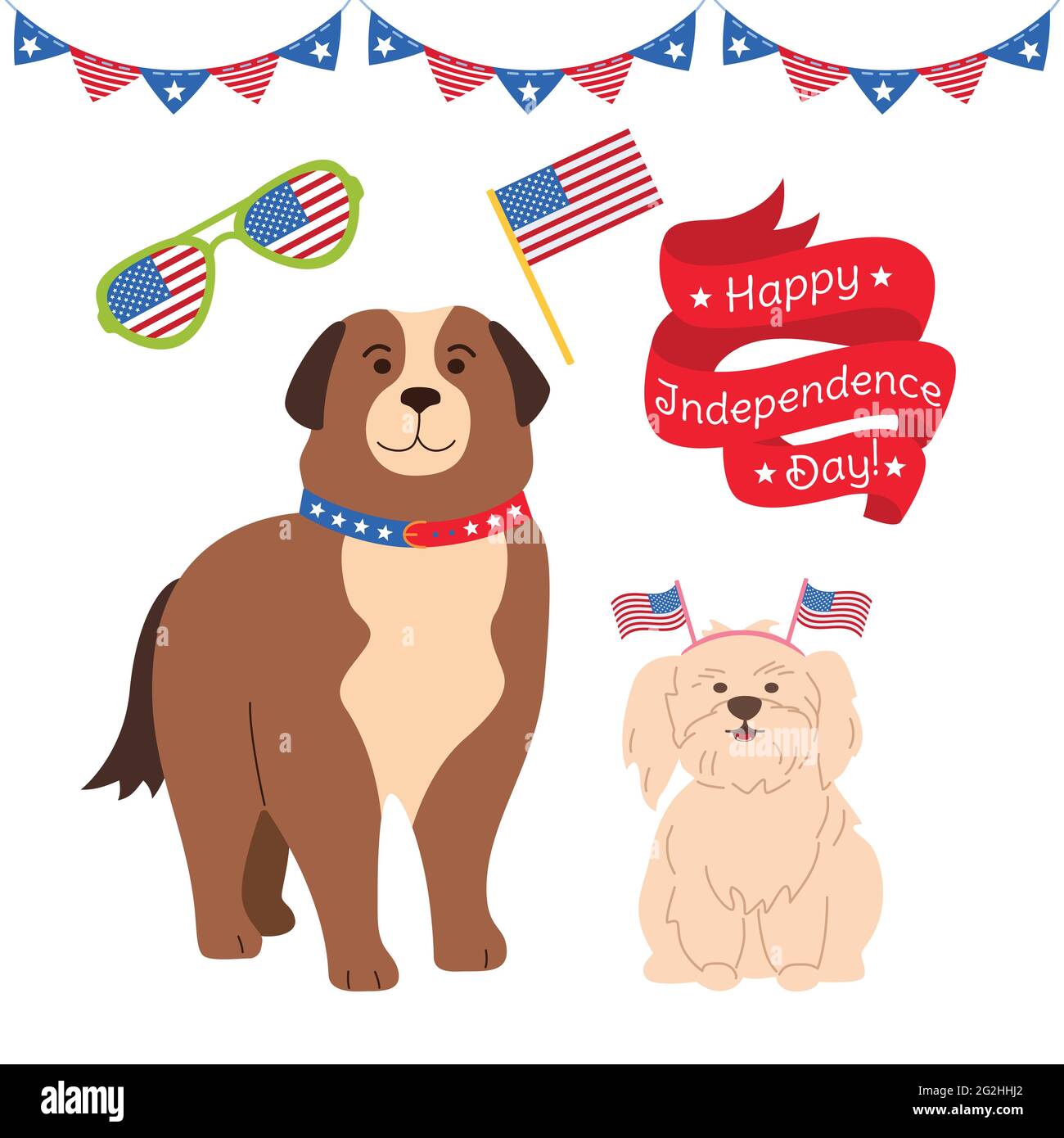 Set di cartoni animati American Independence Day. Divertenti cani patriottici con bandiera mongolfiera nastro, ghirlanda bunting bandiera USA stile piatto. Giorno dell'indipendenza del festival. Cane di montagna Bernese. Illustrazione vettoriale isolata Illustrazione Vettoriale