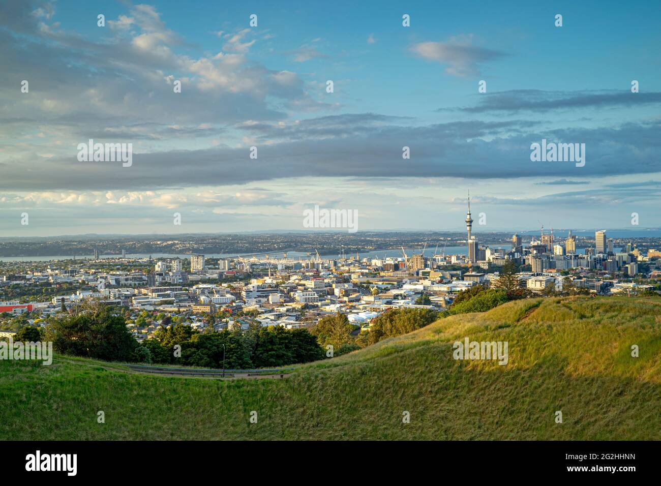 Vista di Aukland dal punto di osservazione del Monte Eden, punto di osservazione di Auckland, Auckland Privevince, Isola del Nord, Nuova Zelanda Foto Stock