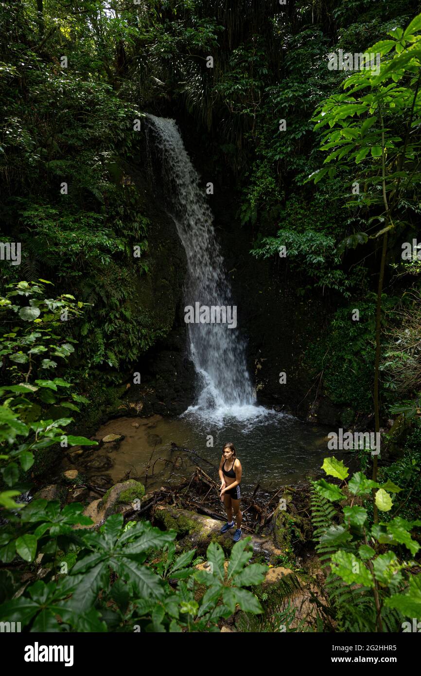 Giovane donna alla cascata nel Parco delle Cascate di Mc Laren, Bay of Plenty District, North Island, Nuova Zelanda Foto Stock