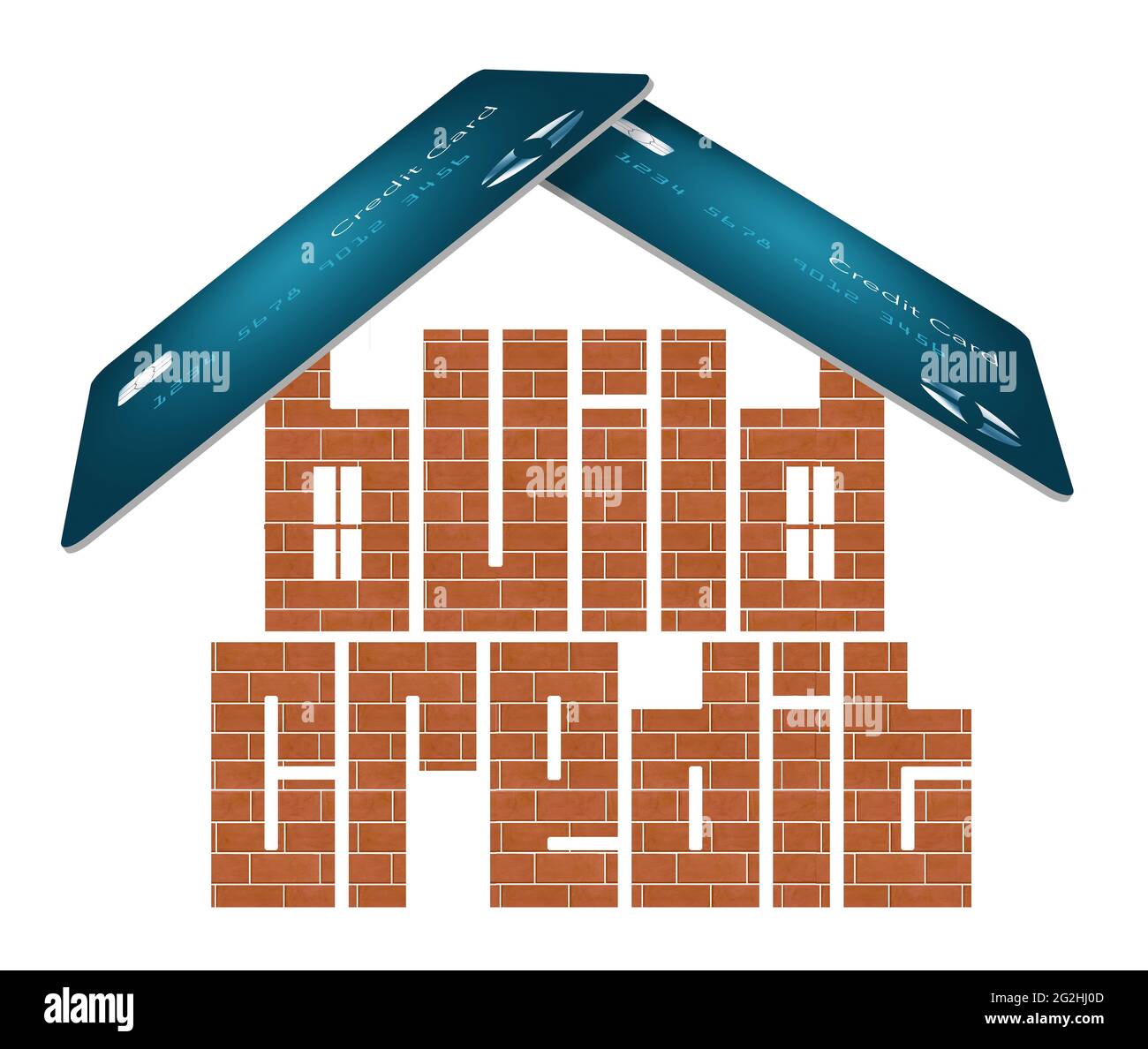 Una casa di mattone è sormontata con un tetto di carte di credito in questa illustrazione 3-d circa il credito di costruzione per qualificarsi per i mutui domestici e più. Foto Stock