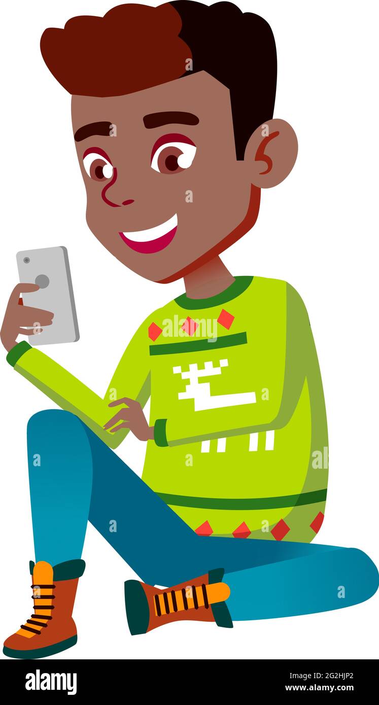 ragazzo africano seduto sotto albero e guardare video on-line su vettore di  cartoni animati smartphone Immagine e Vettoriale - Alamy