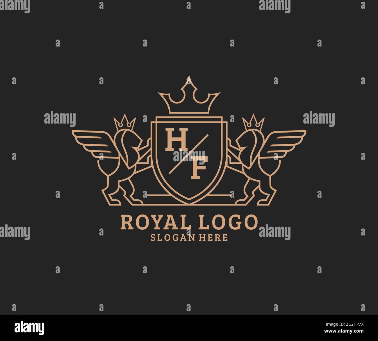 HF Letter Lion Royal Luxury Heraldic, modello con logo Crest in arte vettoriale per ristoranti, Royalty, Boutique, Cafe, Hotel, Araldica, Gioielli, Moda e. Illustrazione Vettoriale