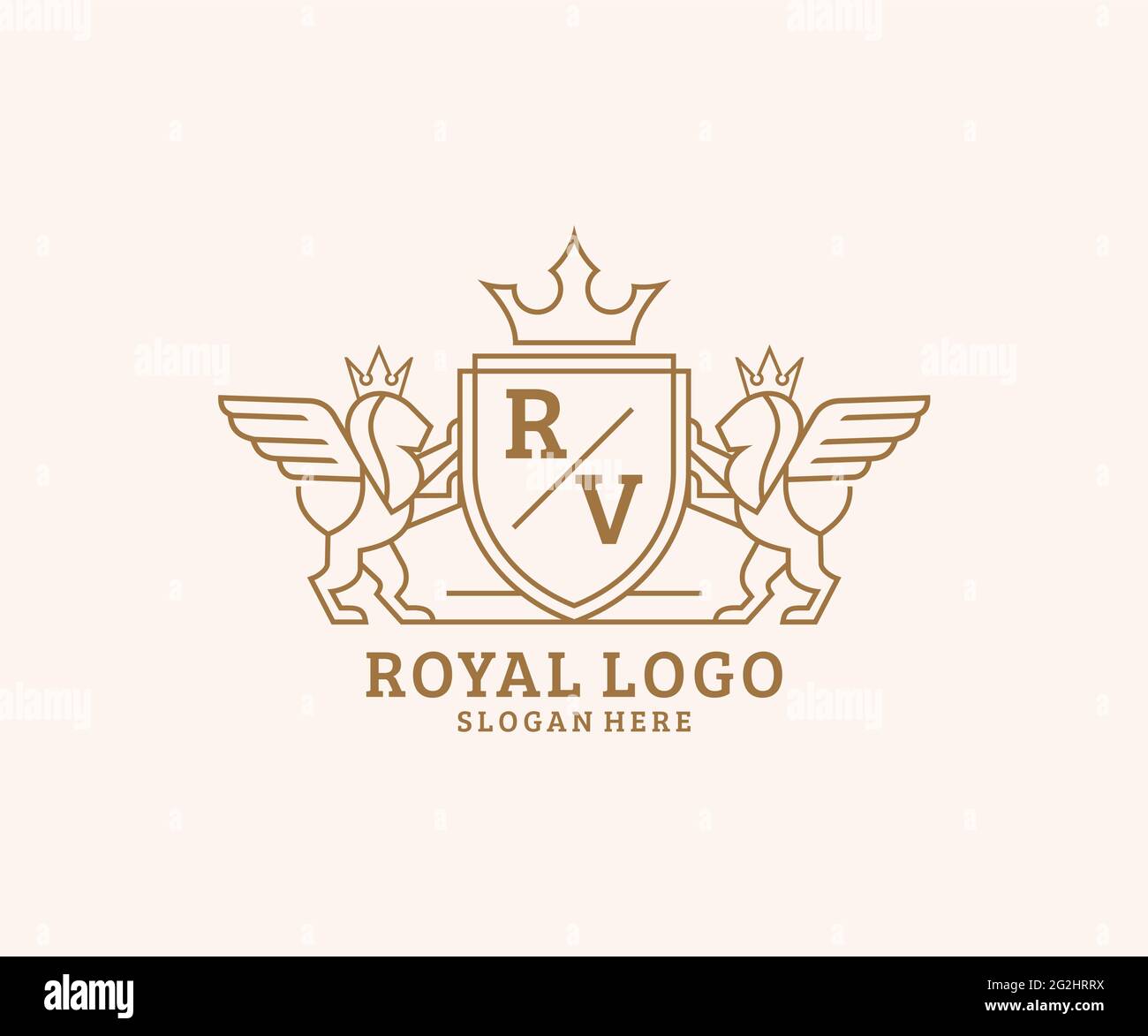 RV Letter Lion Royal Luxury Heraldic, Crest Logo template in arte vettoriale per Ristorante, Royalty, Boutique, Cafe, Hotel, Araldica, Gioielli, Moda e. Illustrazione Vettoriale