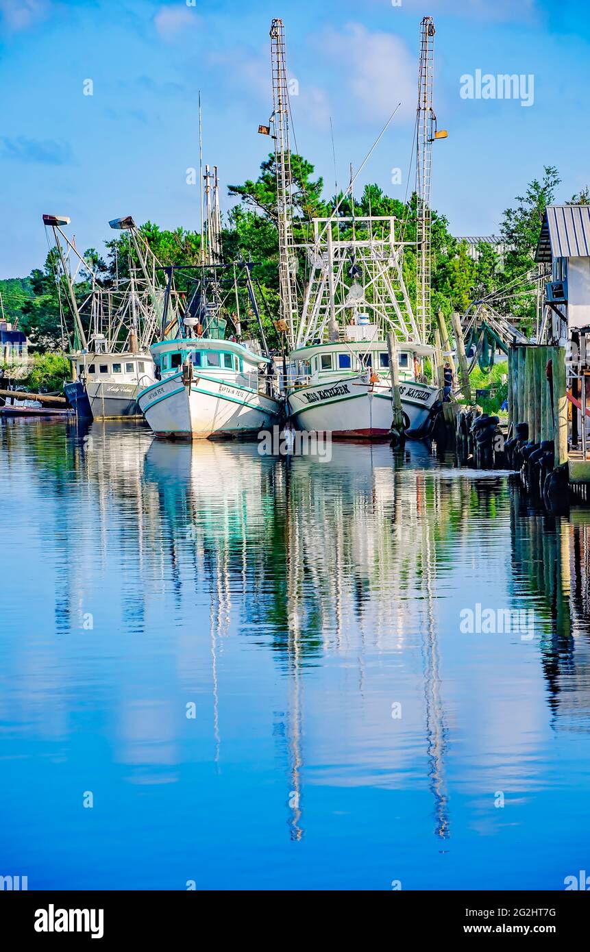Le barche di gamberetti sono attraccate nel bayou, 9 giugno 2021, in Bayou la Batre, Alabama. L'industria dei frutti di mare è l'industria principale nel piccolo villaggio di pescatori. Foto Stock
