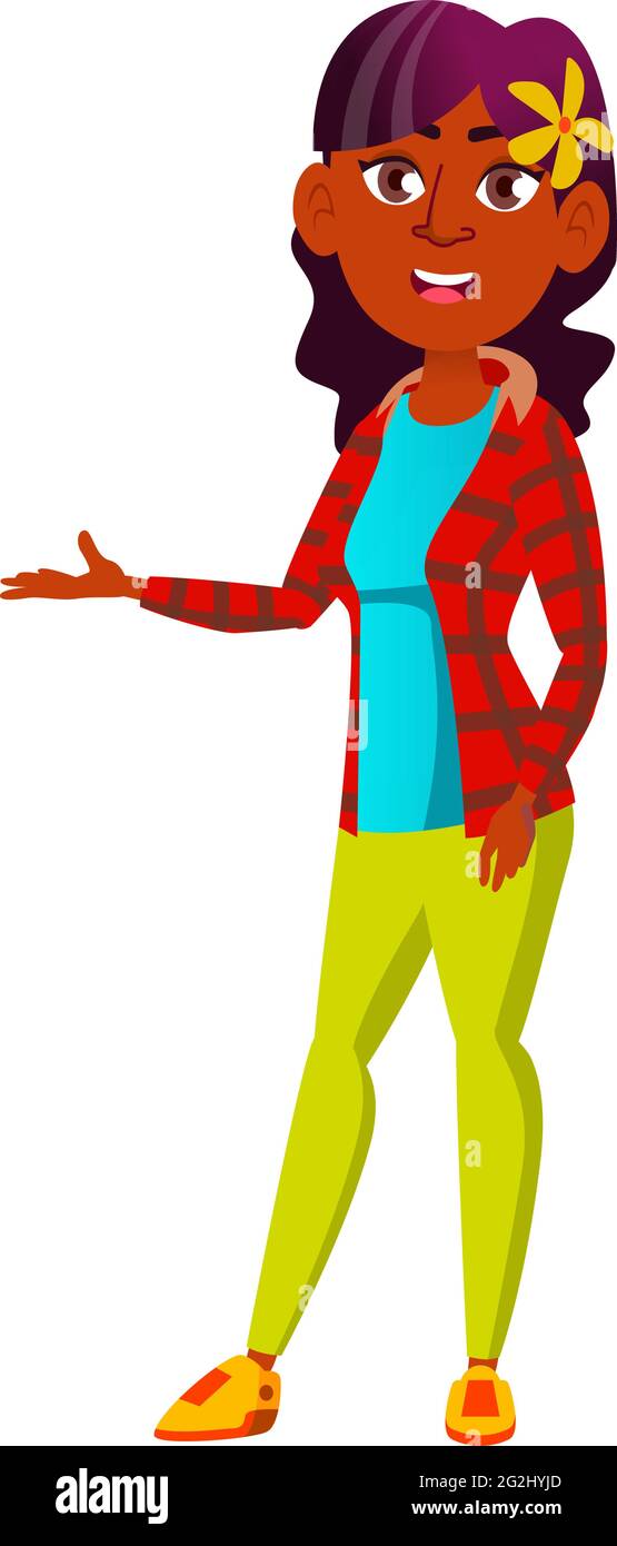 ragazza africana con fiore in capelli mostrando edificio storico per amici vettore cartoon Illustrazione Vettoriale