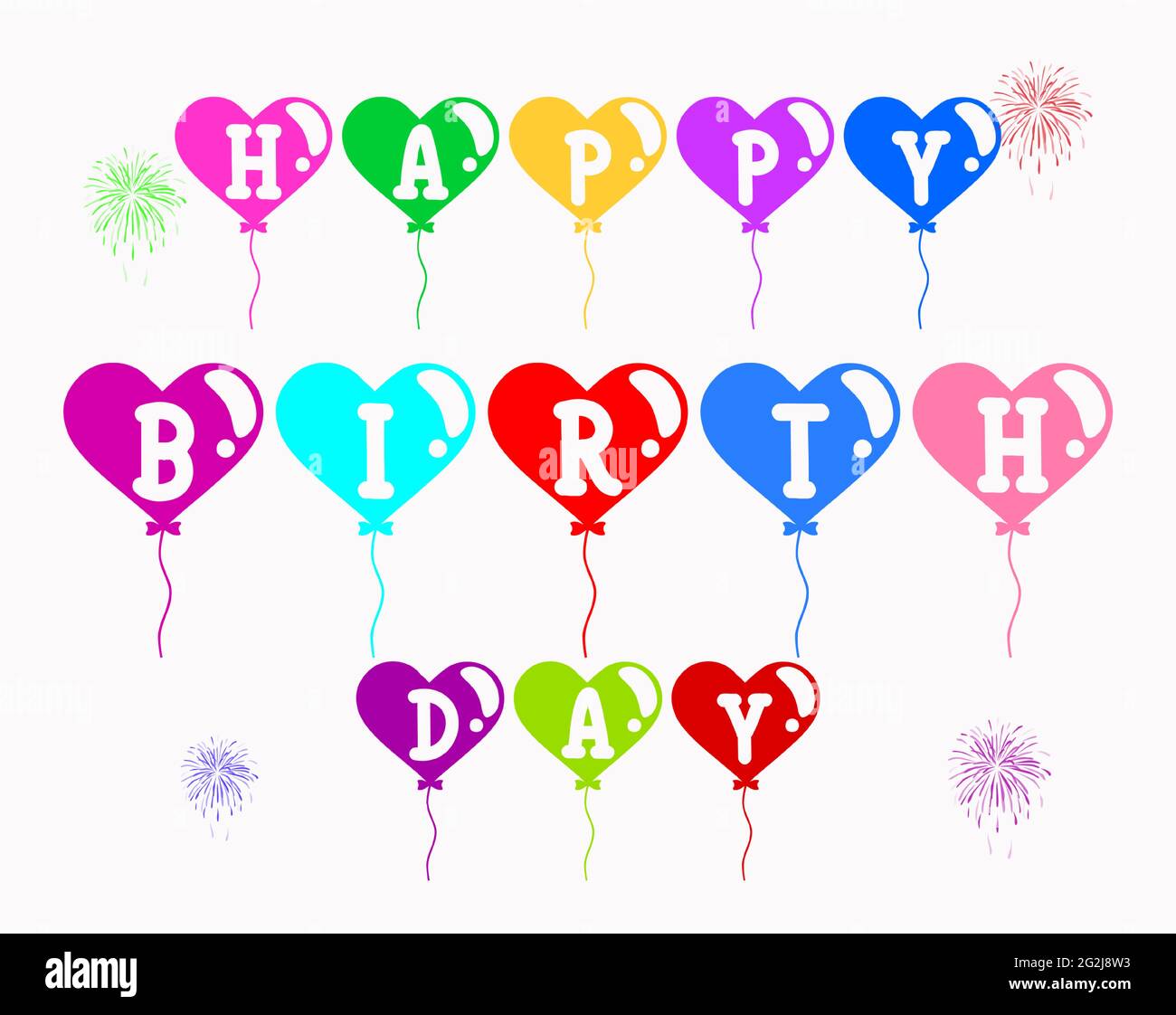 Lettere felici del giorno di nascita in palloncini colorati a forma di cuore Illustrazione Vettoriale