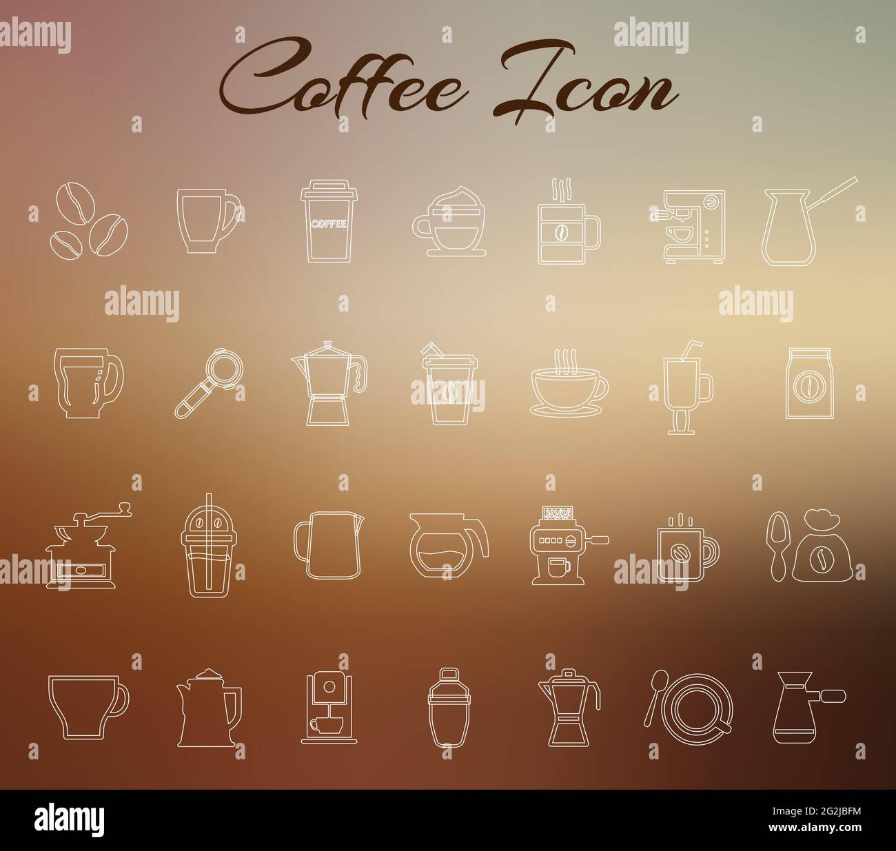 Caffè caffè mocha drink bianco linea icona set su sfondo sfocato Illustrazione Vettoriale