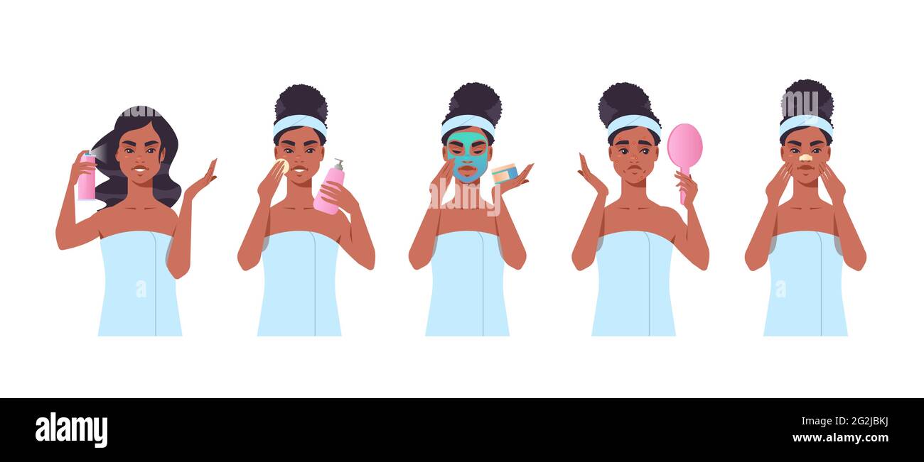 set giovane donna applicando maschera viso vestito in asciugamano african american ragazza pulizia e cura la sua pelle skincare spa trucco trattamento viso concetto Illustrazione Vettoriale